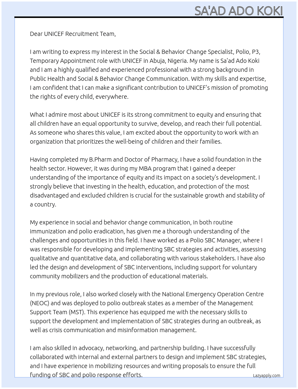 Cover letter for social & behavior change specialist, polio, p3, temporary appointment, abuja, nigeria - LazyApply