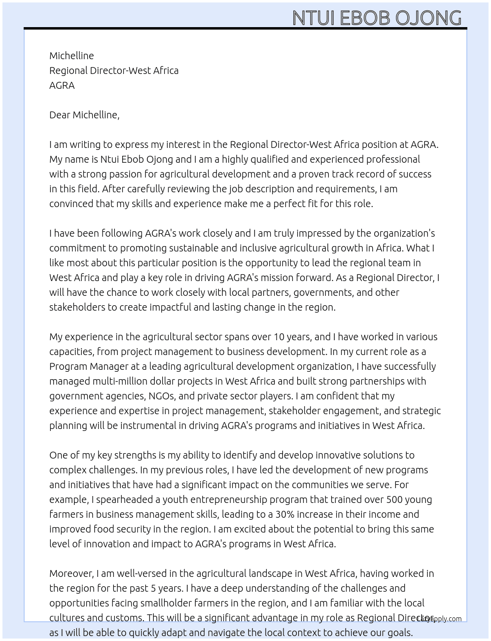 Regional Director-West Africa At AGRA Cover Letter