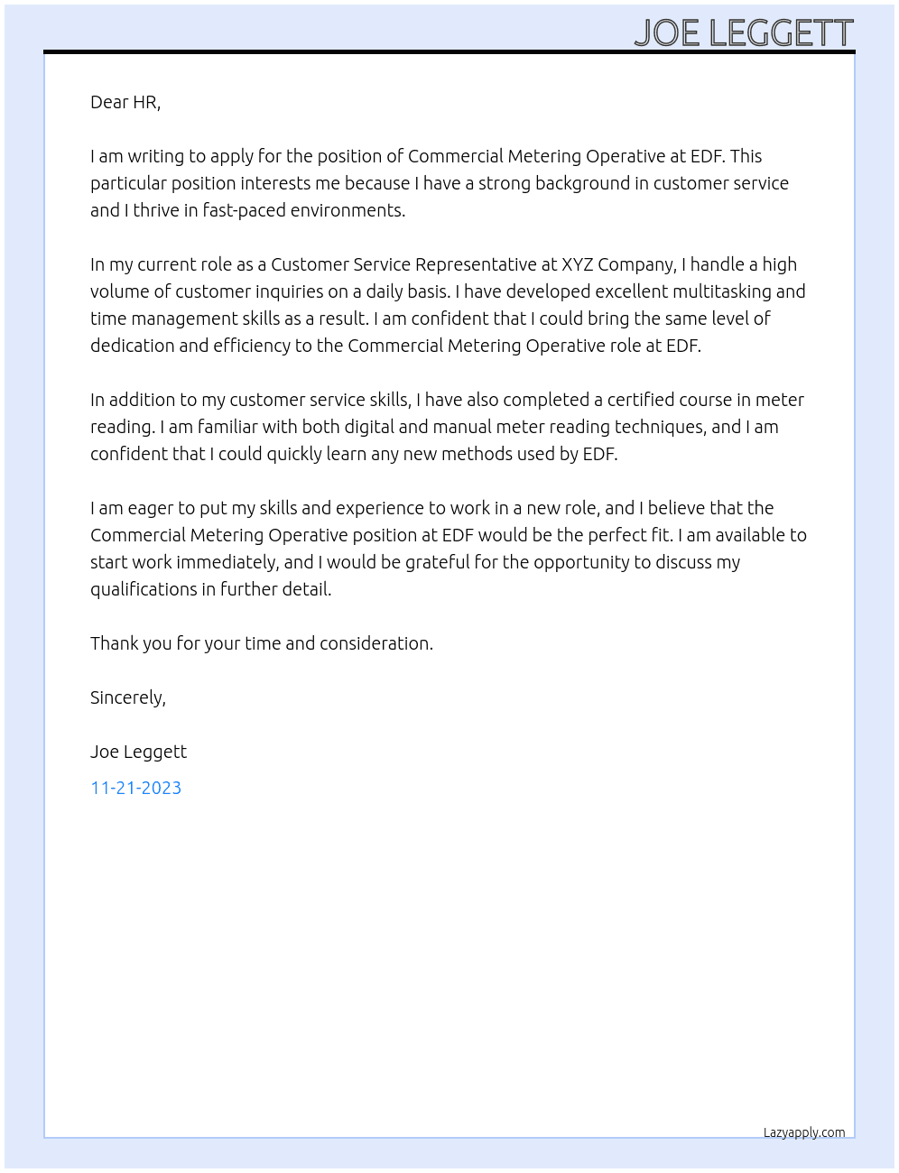 Commercial metering operative At EDF  Cover Letter