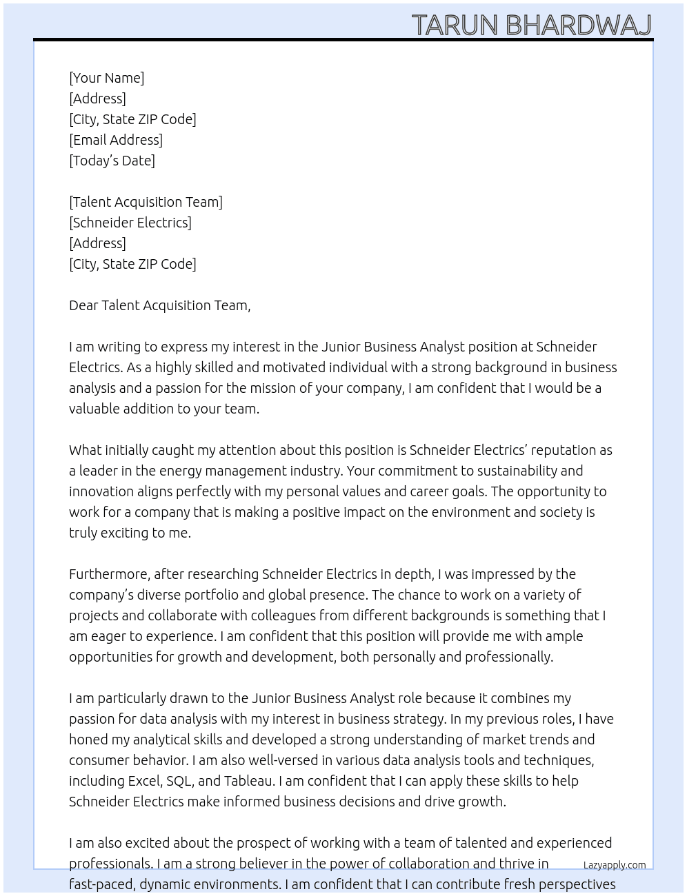  Junior Business Analyst At Schneider electrics Cover Letter
