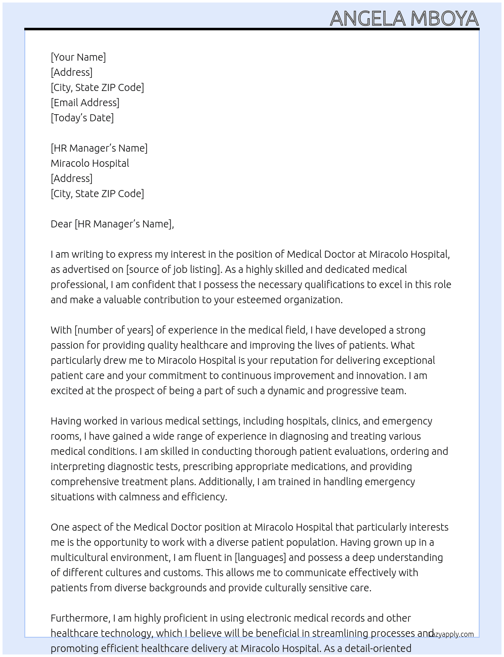 medical doctor At miracolo hospital Cover Letter