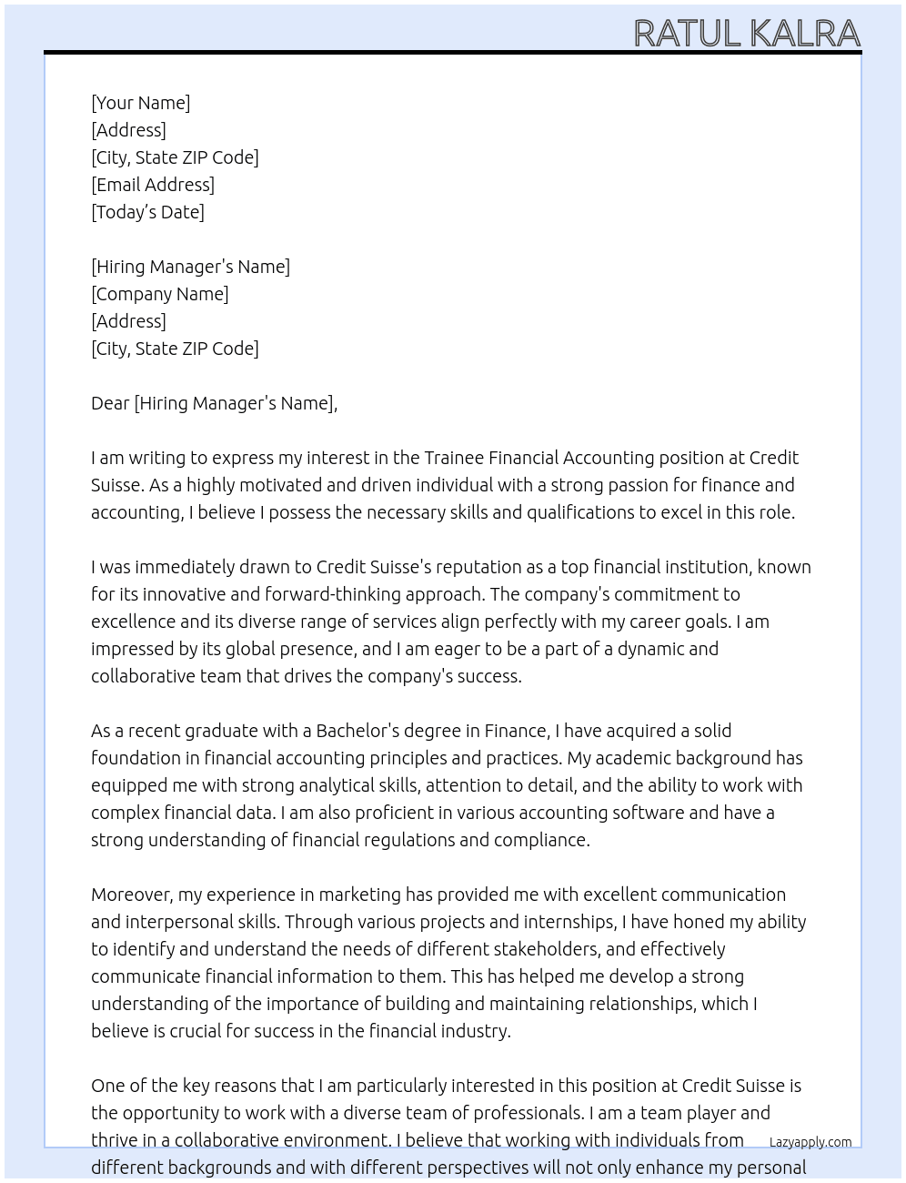  Trainee Financial Accounting At credit suisse Cover Letter