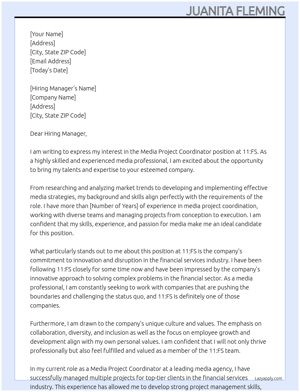 Media Project Coordinator At 11:FS Cover Letter