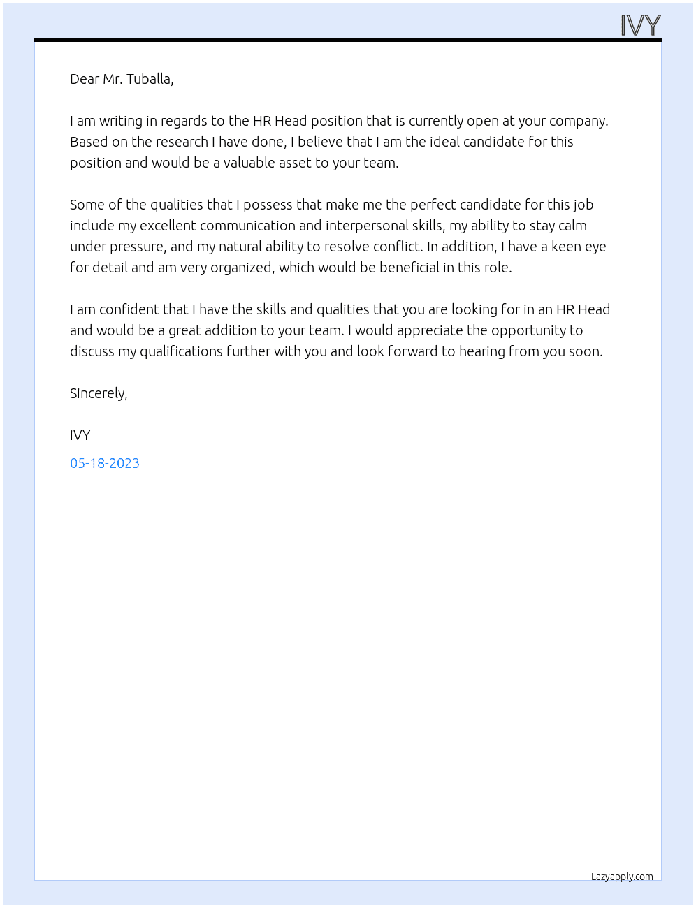 HR HEAD At aDMINISTRATIVE OFFICER II Cover Letter