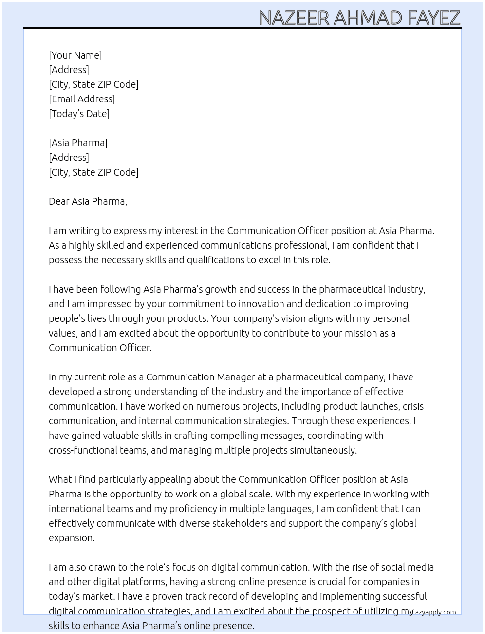 Communication officer At Asia Pharma Cover Letter
