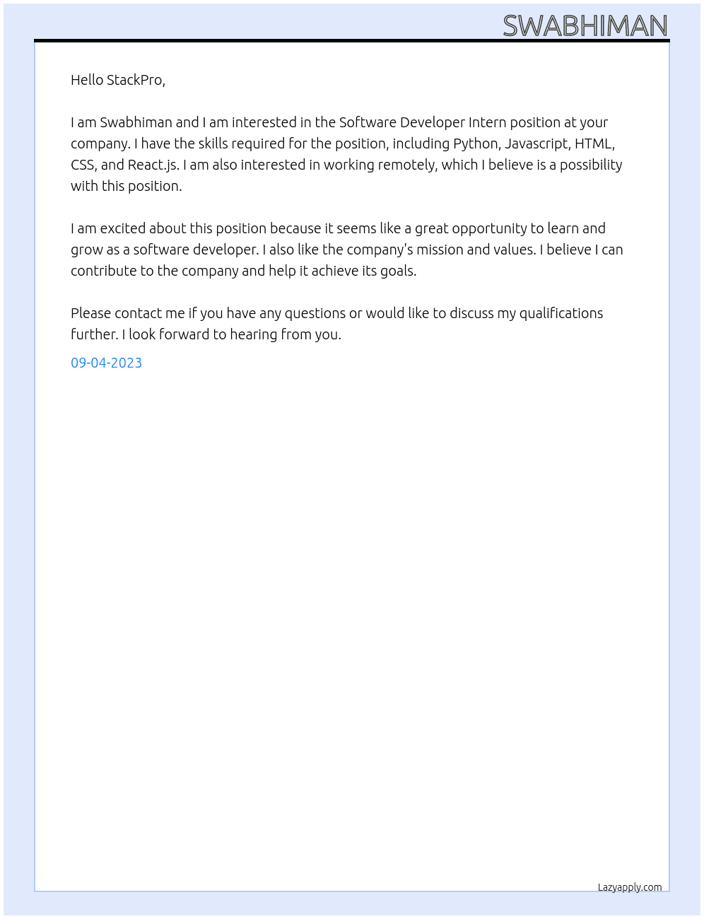 Software Developer Intern At StackPro Cover Letter