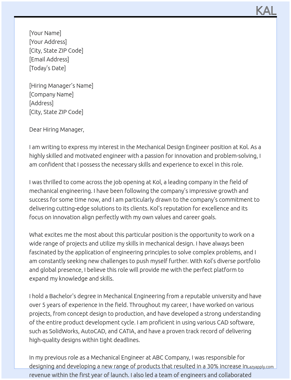 Mechanical Design Engineer At Kol Cover Letter