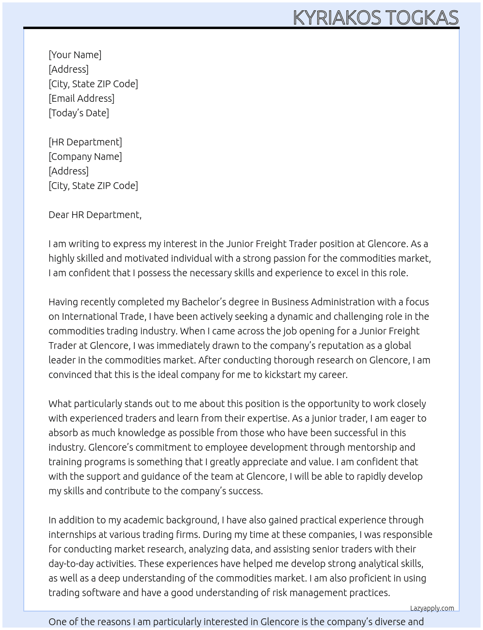 Cover letter for junior freight trader - LazyApply
