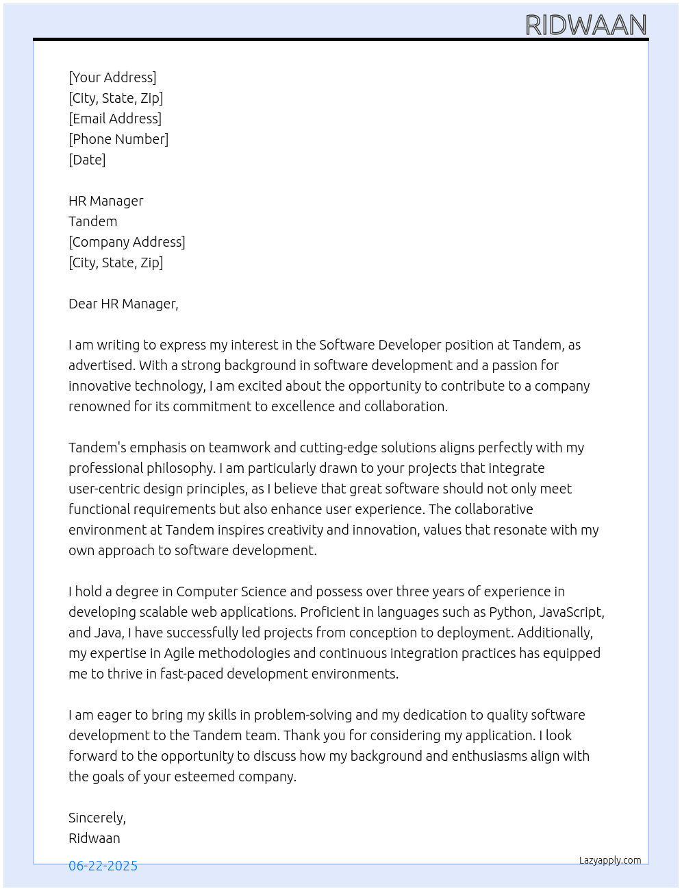 Software developer  At Tandem Cover Letter