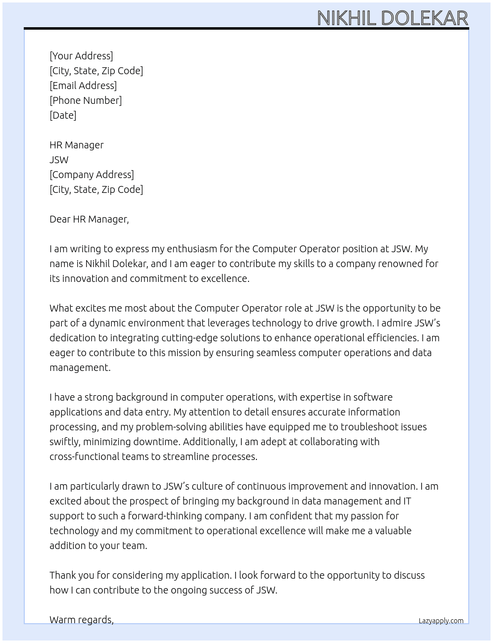 COMPUTER OPERATOR At JSW Cover Letter