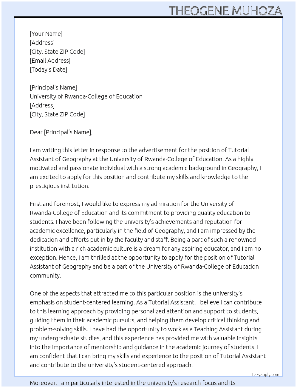 Tutorial assistant of Geography At University of Rwanda-college of Education Cover Letter