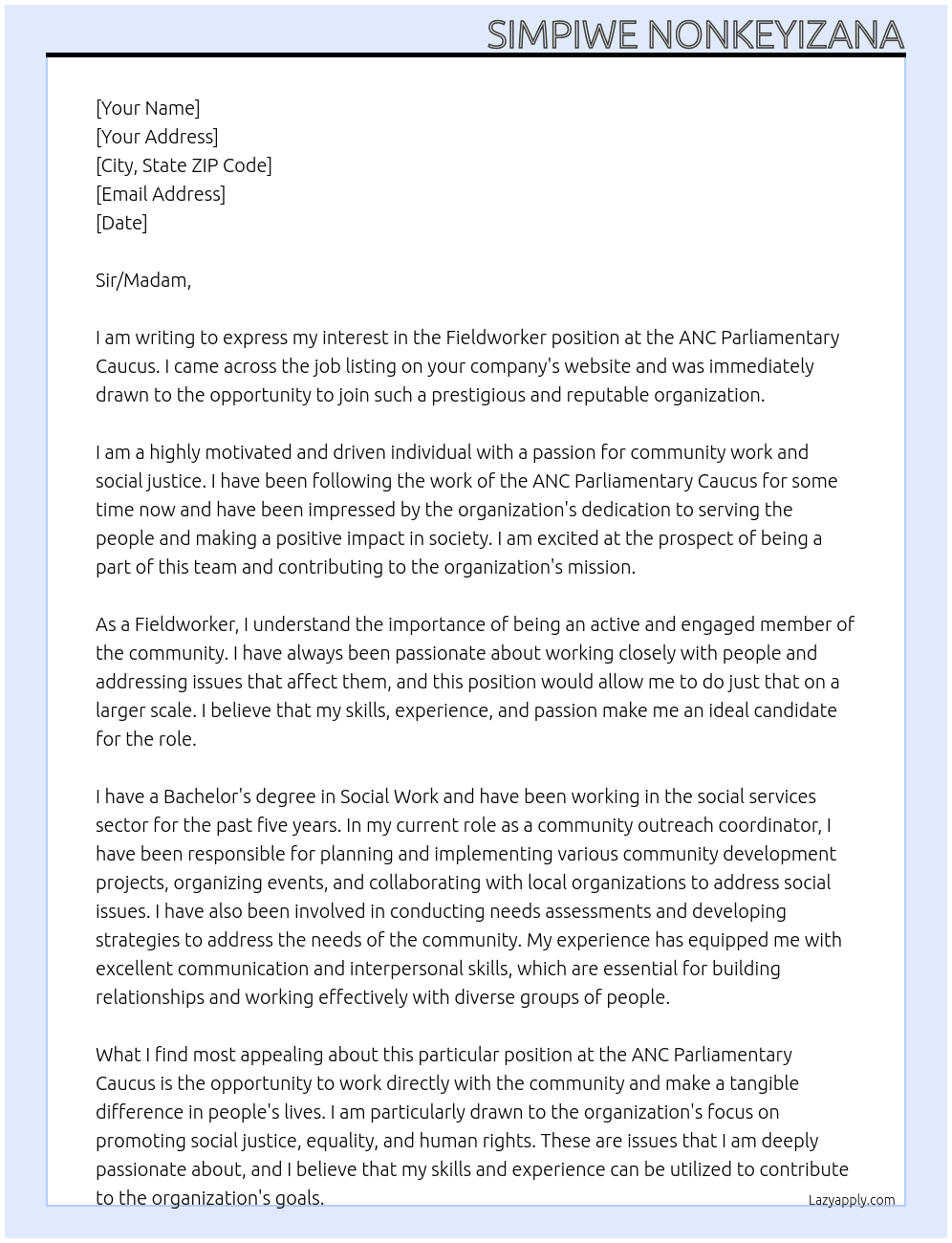 Fieldworker At ANC PARLIAMENTARY CAUCUS Cover Letter