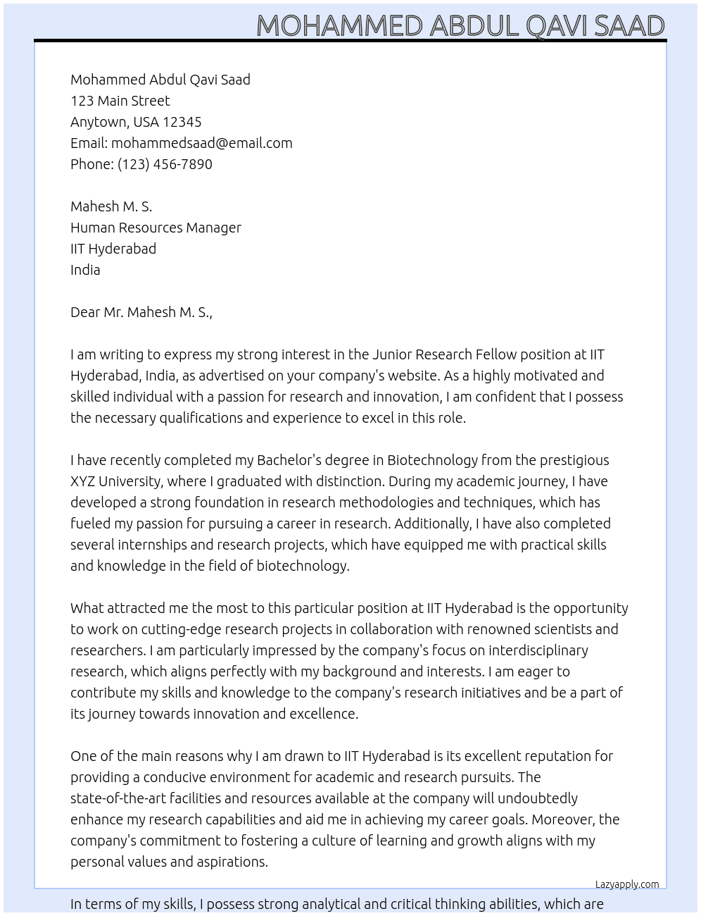 Junior Research Fellow At  IIT Hyderabad, India. Cover Letter