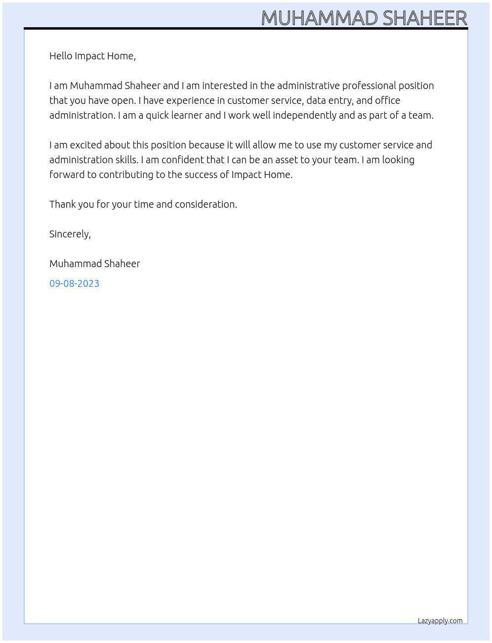 Administrative professional At Impact Home Cover Letter
