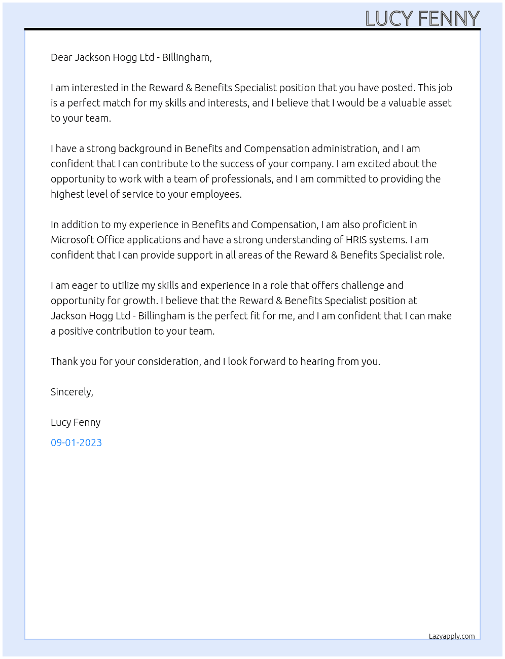  Reward & Benefits Specialist. At Jackson Hogg Ltd - Billingham Cover Letter