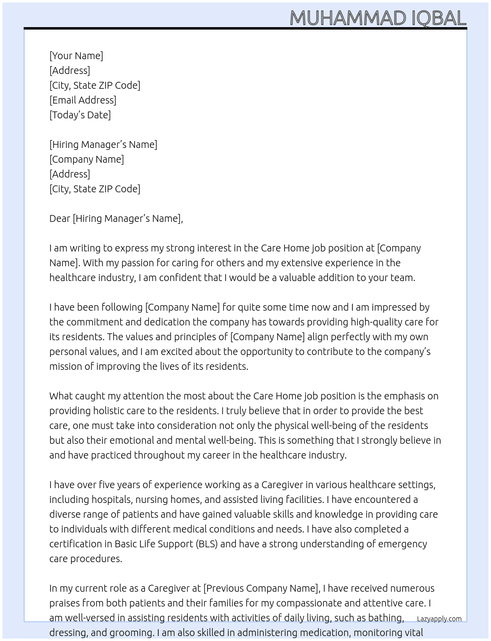 care home job At care home Cover Letter