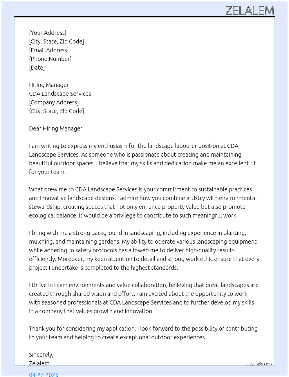  landscape labourer  At CDA Landscape Services Cover Letter