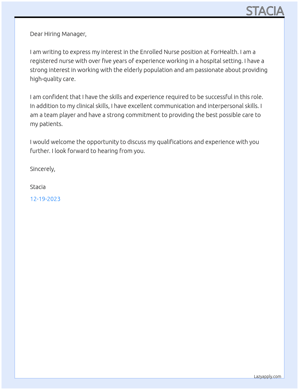 Enrolled Nurse At ForHealth  Cover Letter