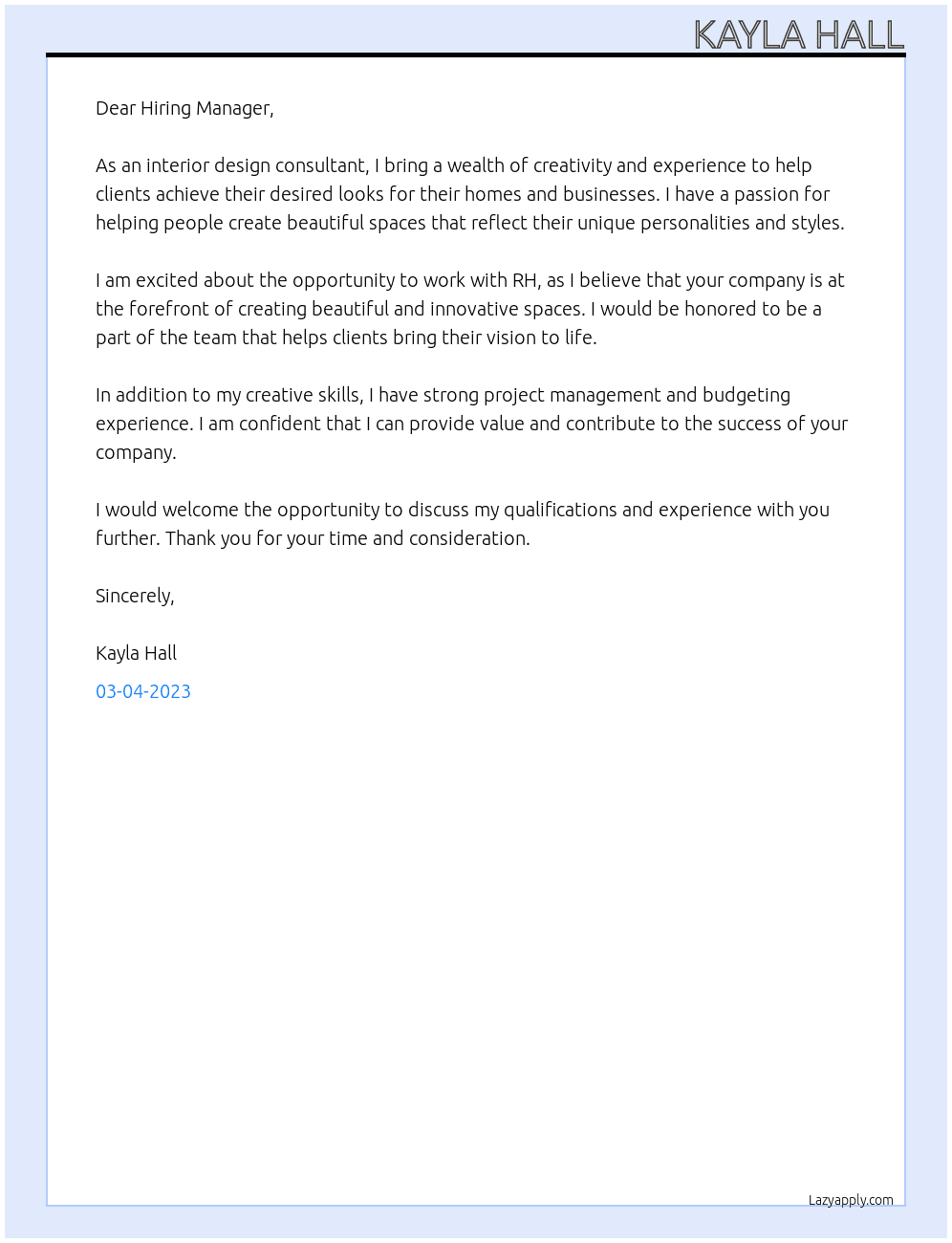 INTERIOR DESIGN CONSULTANT At RH Cover Letter