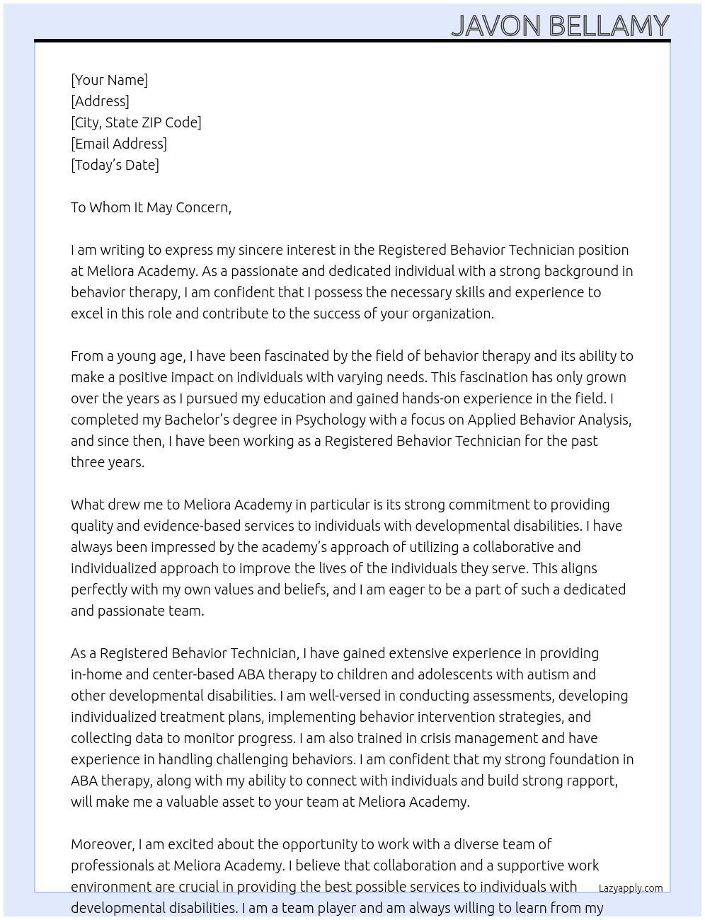 Registered behavior technician At Meliora Academy Cover Letter