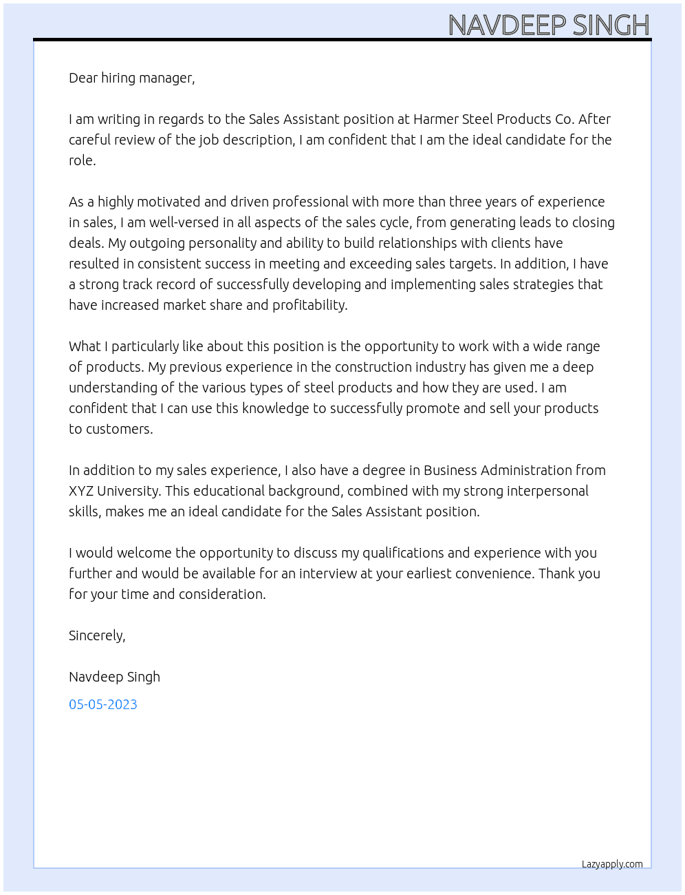 Sales Assistant At Harmer Steel Products Co. Cover Letter