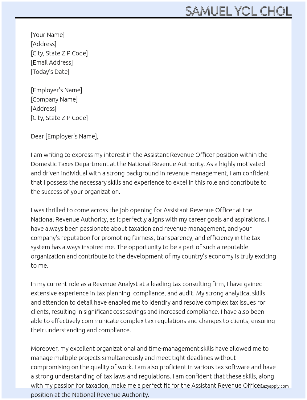 Assistant revenue officer At National Revenue Authority Cover Letter