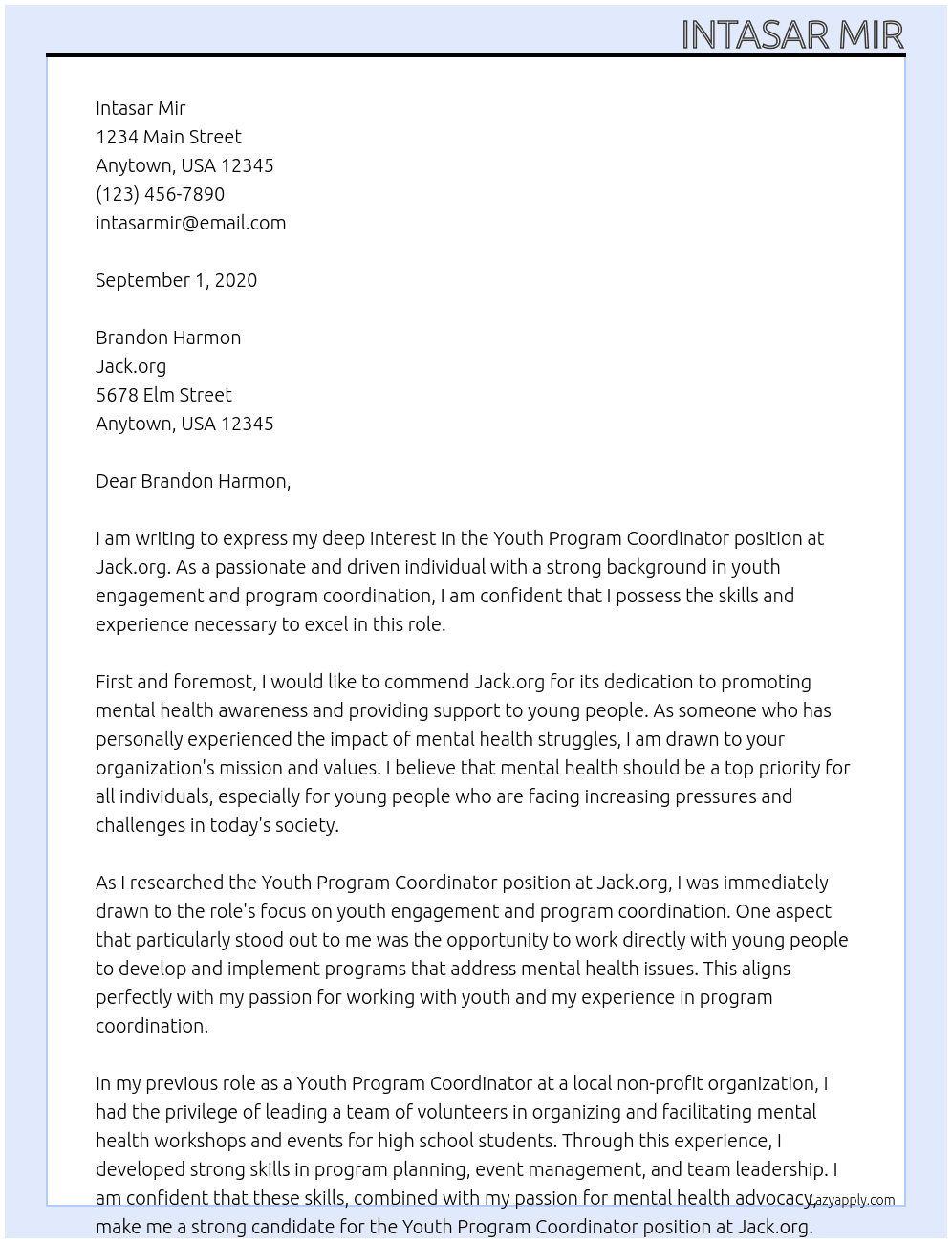 Youth Program Coordinator At Jack.org Cover Letter