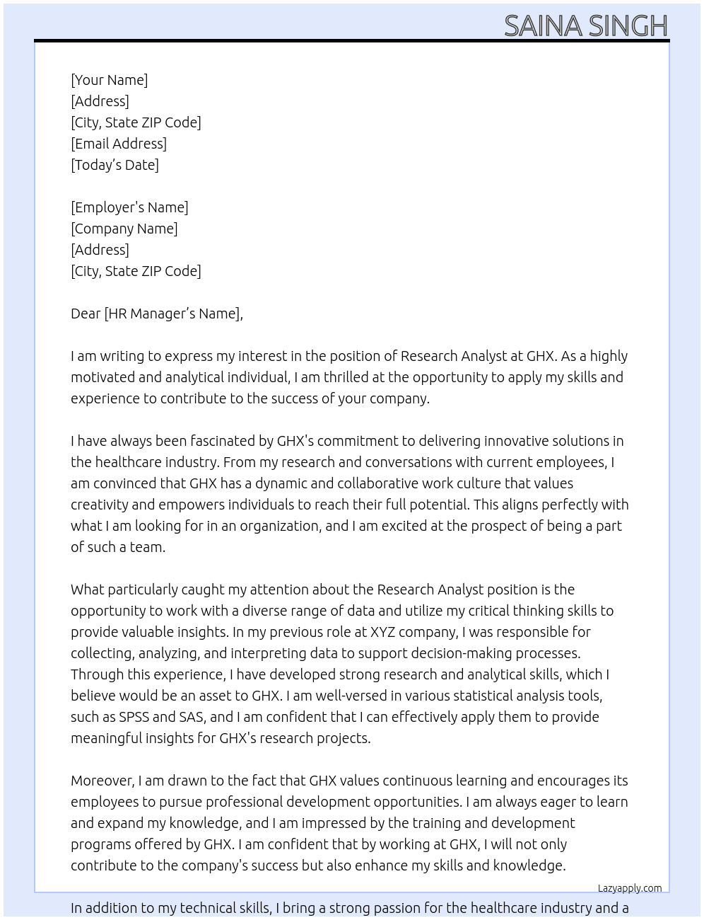 research analyst At GHX Cover Letter