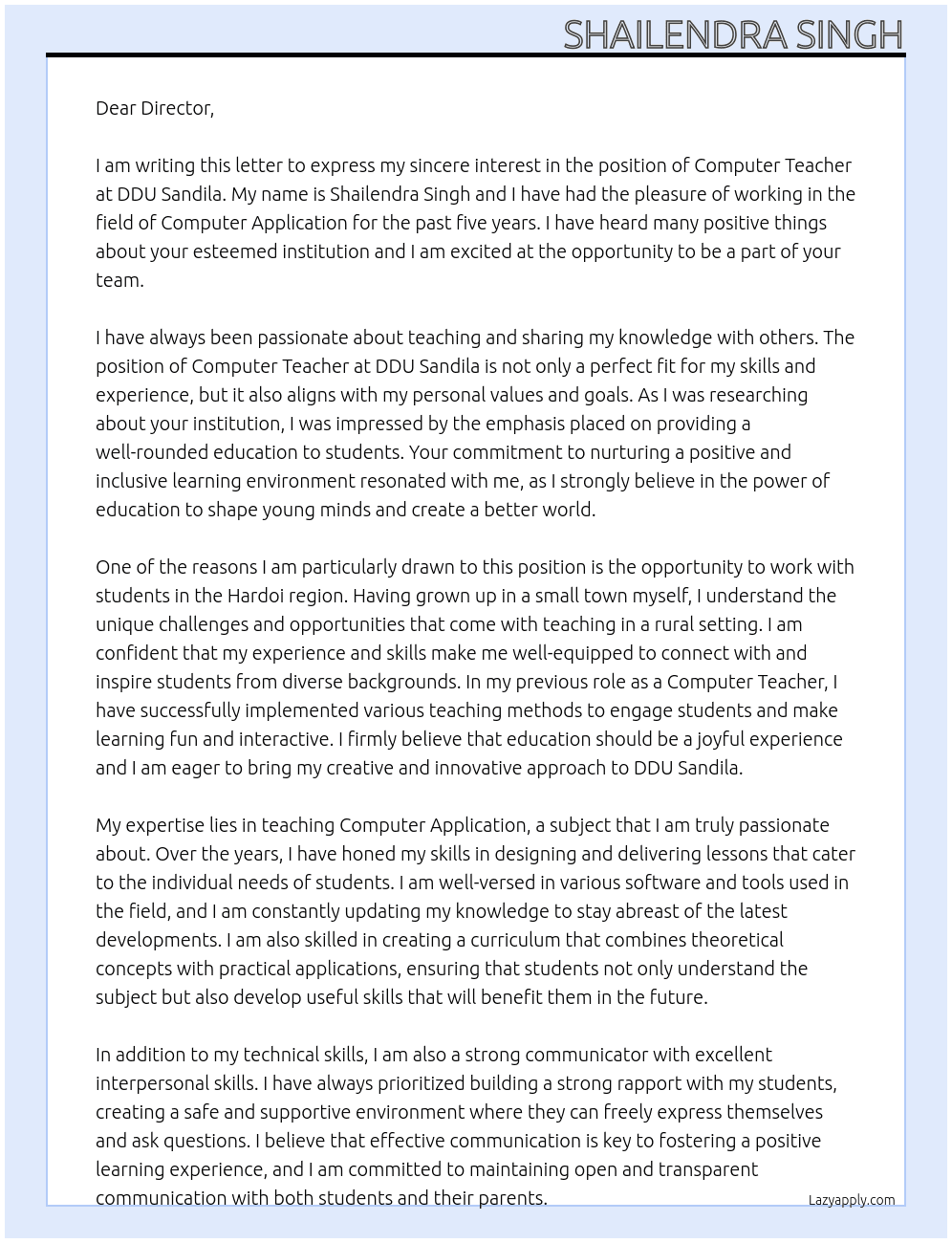 Computer Teacher At DDU Sandila Cover Letter