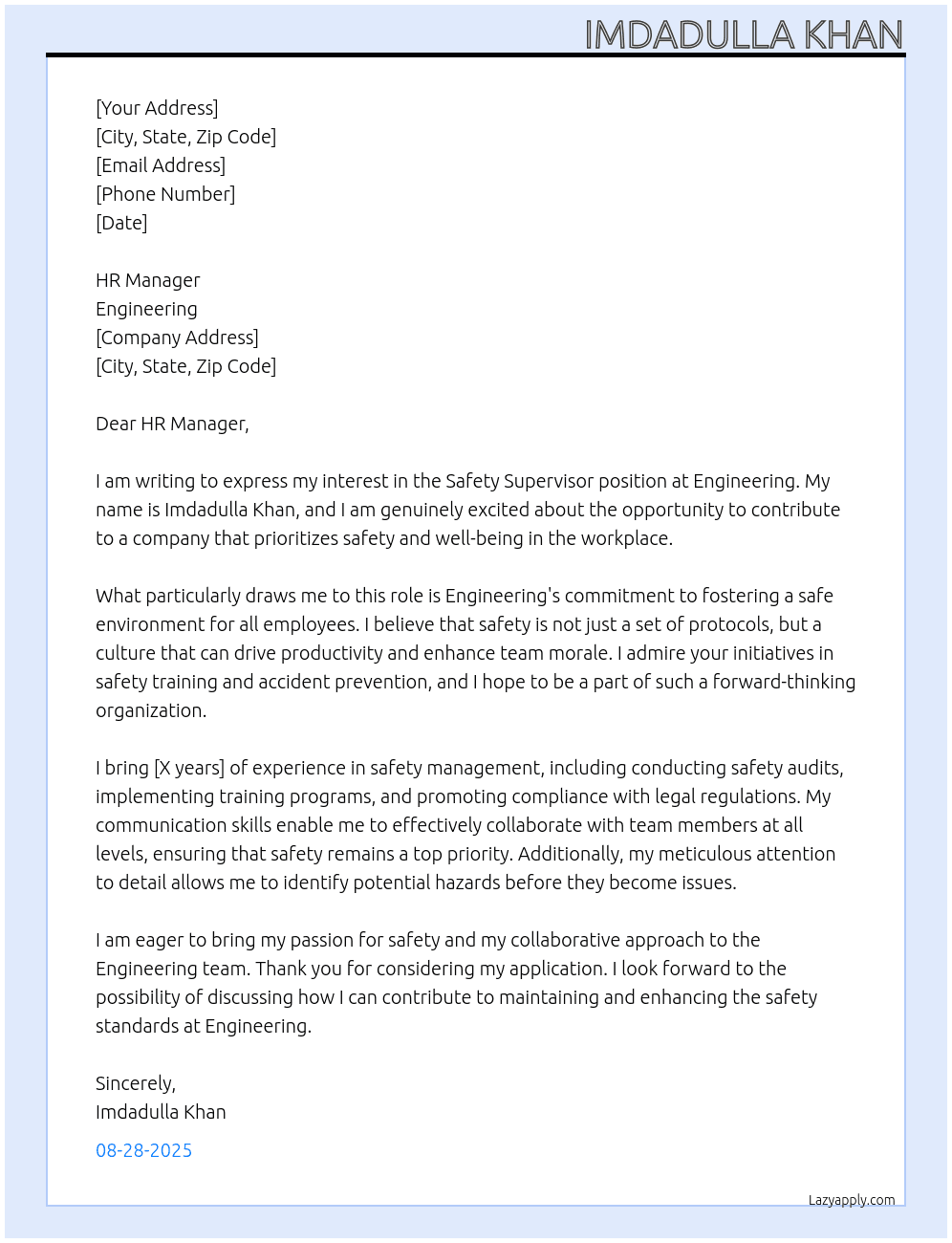 Safety Supervisor At Engineering Cover Letter