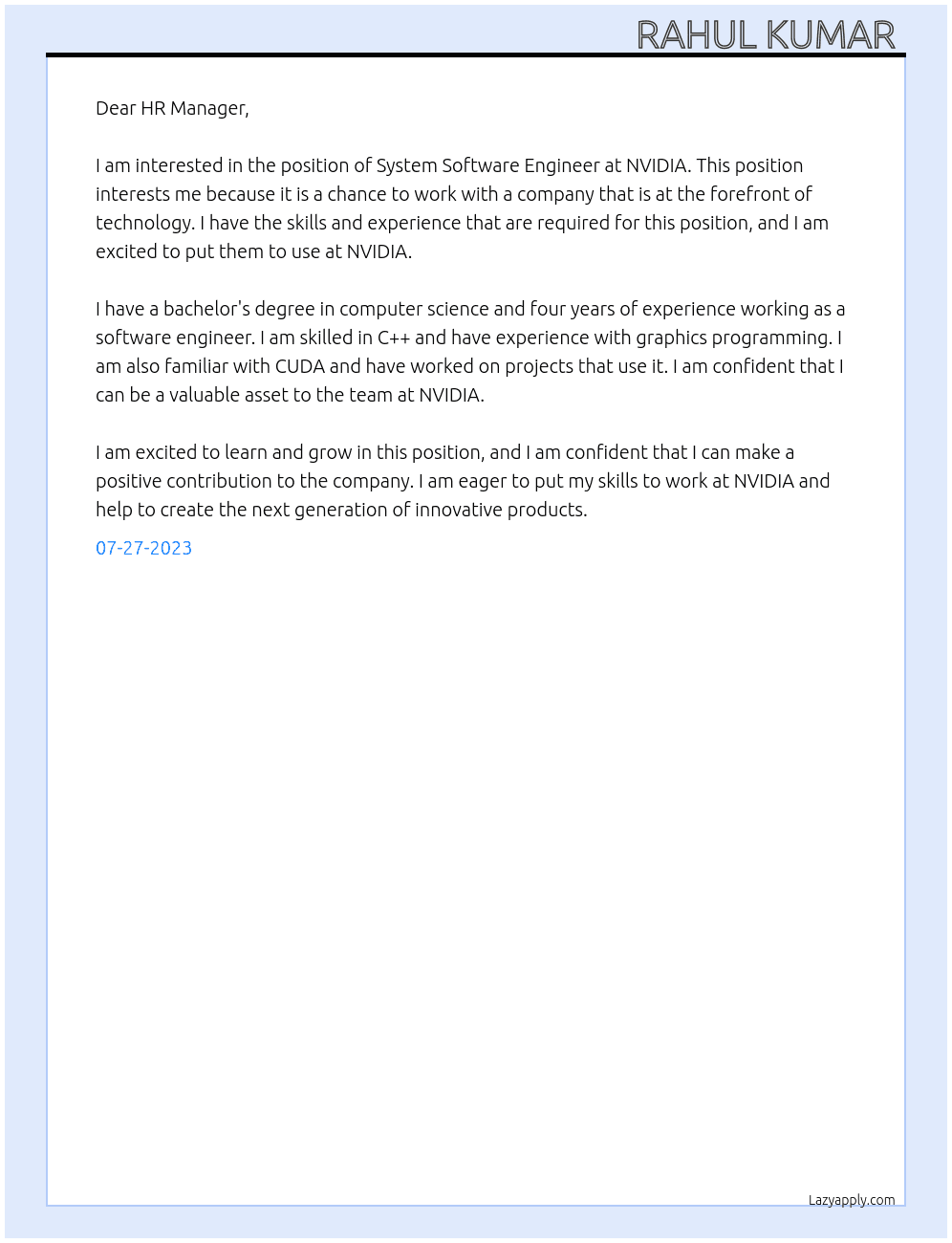 System Software Engineer At NVIDIA Cover Letter