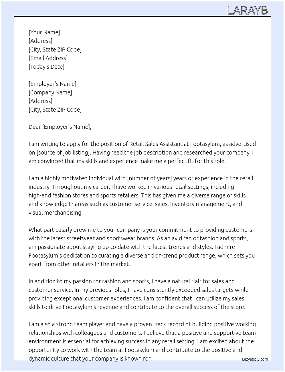 retail sales assistant  At footasylum  Cover Letter