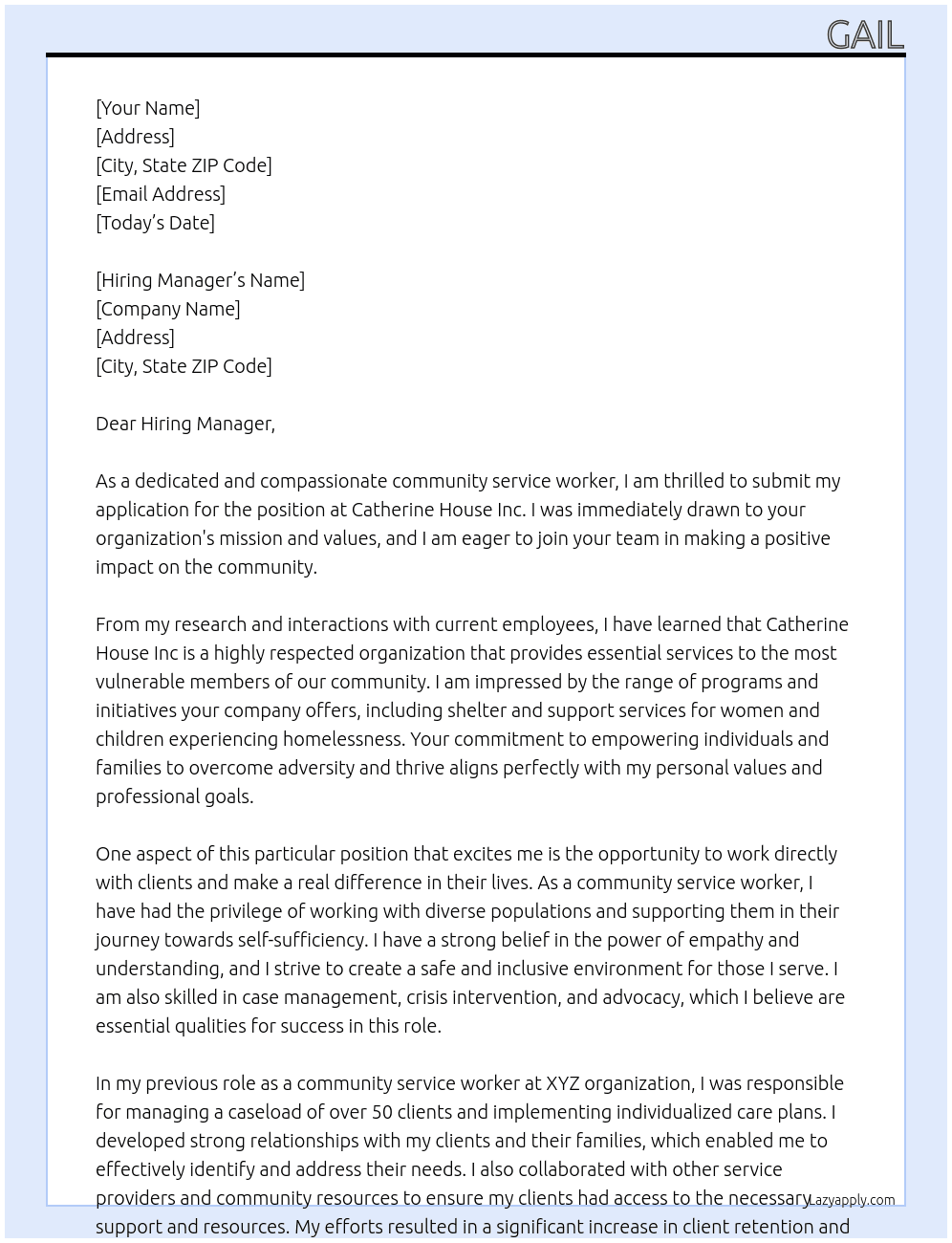 community service worker At catherine house Inc Cover Letter