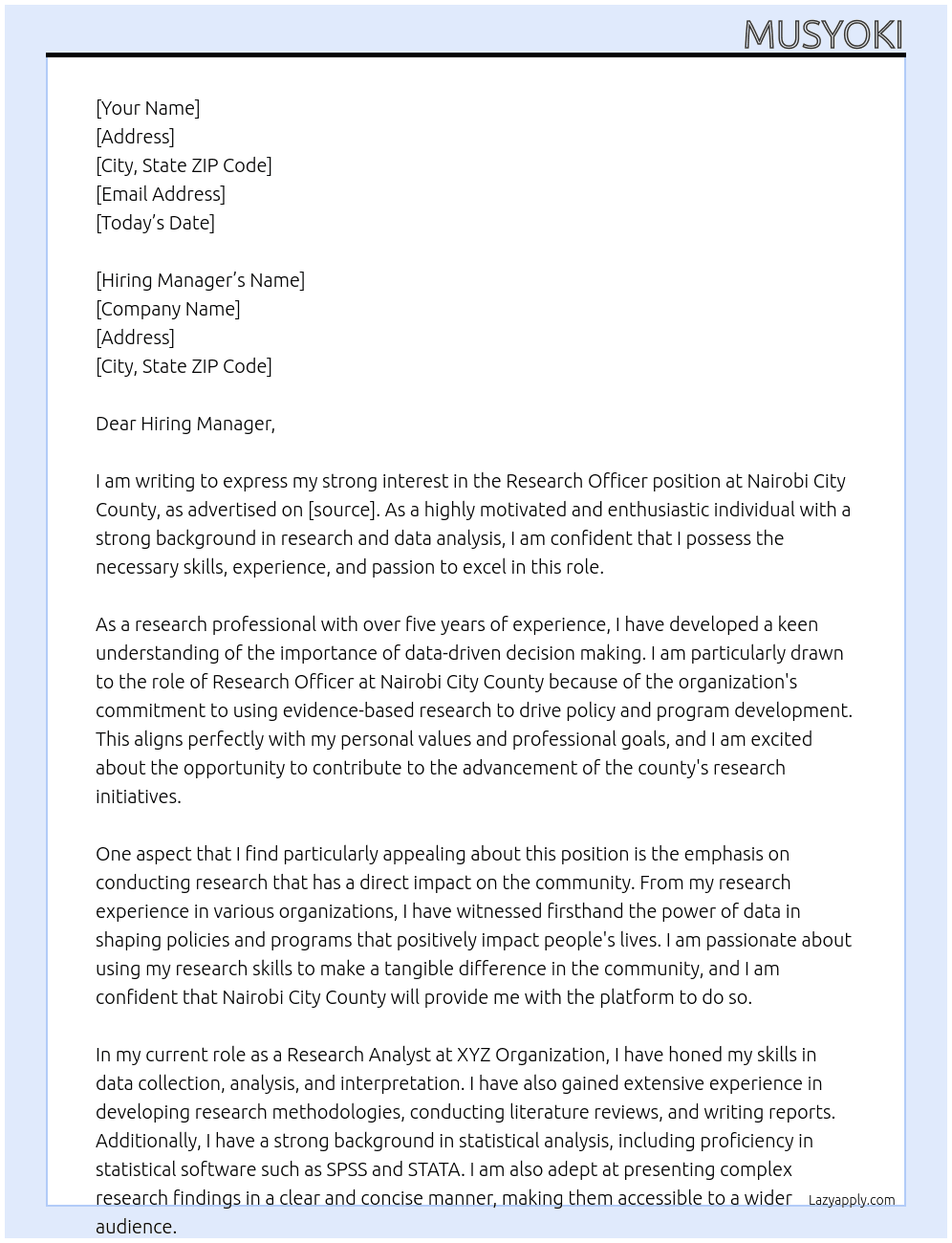 Research Officer  At Nairobi City County  Cover Letter