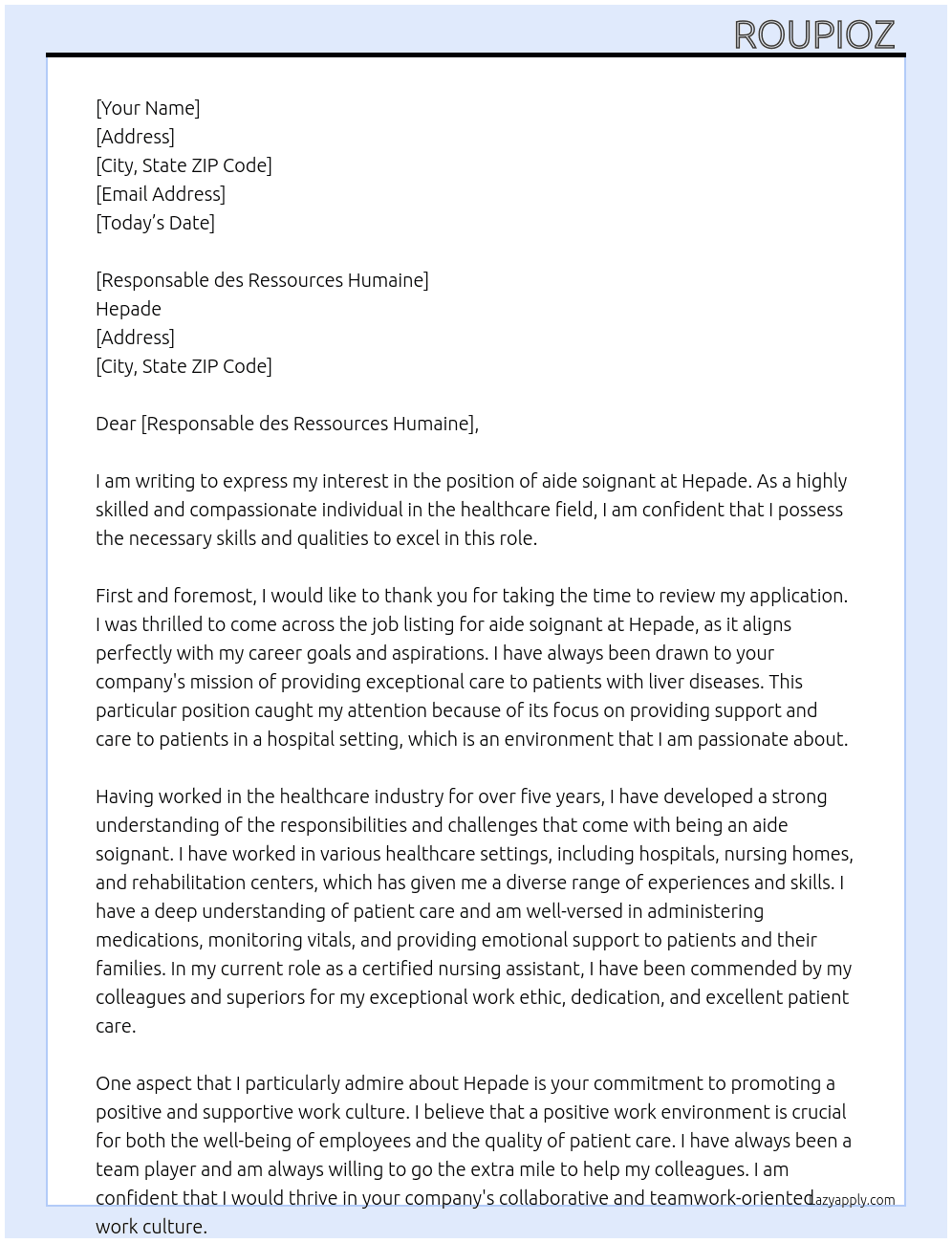 aide soignant At hepade  Cover Letter