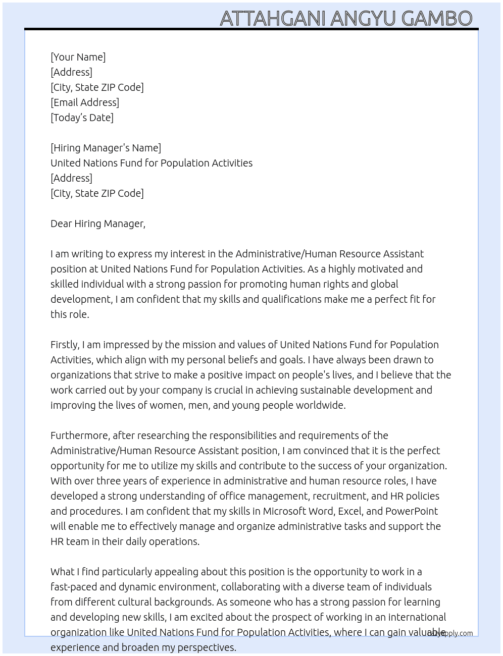 Administrative/human resource assistant  At United Nations Fund for Population Activities Cover Letter