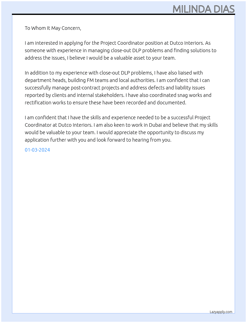 Project Coordinator At Dutco Interiors Cover Letter