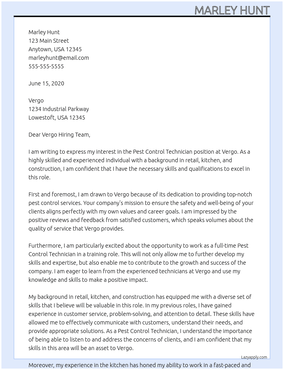 Pest Control Technician At Vergo Cover Letter