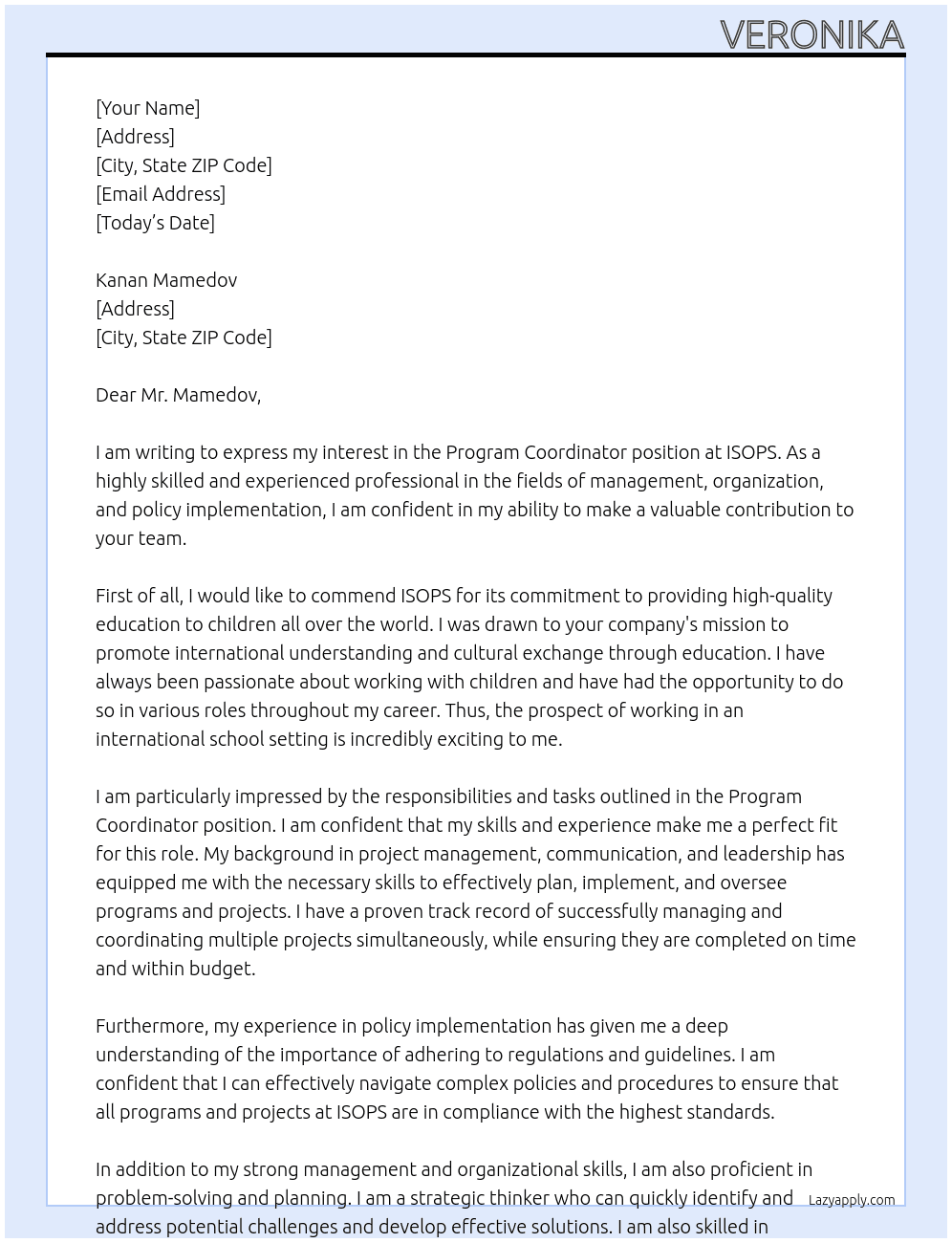 Program Coordinator  At ISOPS Cover Letter