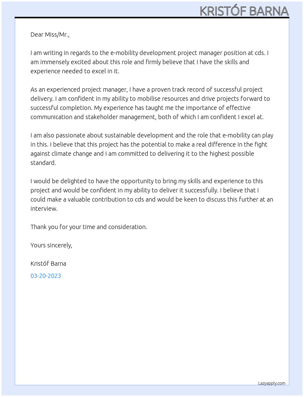 E-mobility development project manager At cds Cover Letter