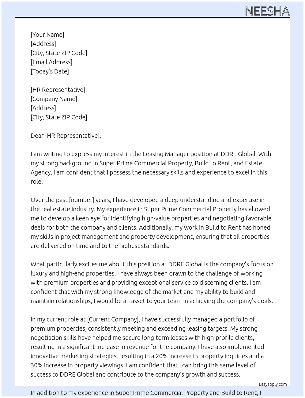 Leasing Manager At DDRE Global Cover Letter