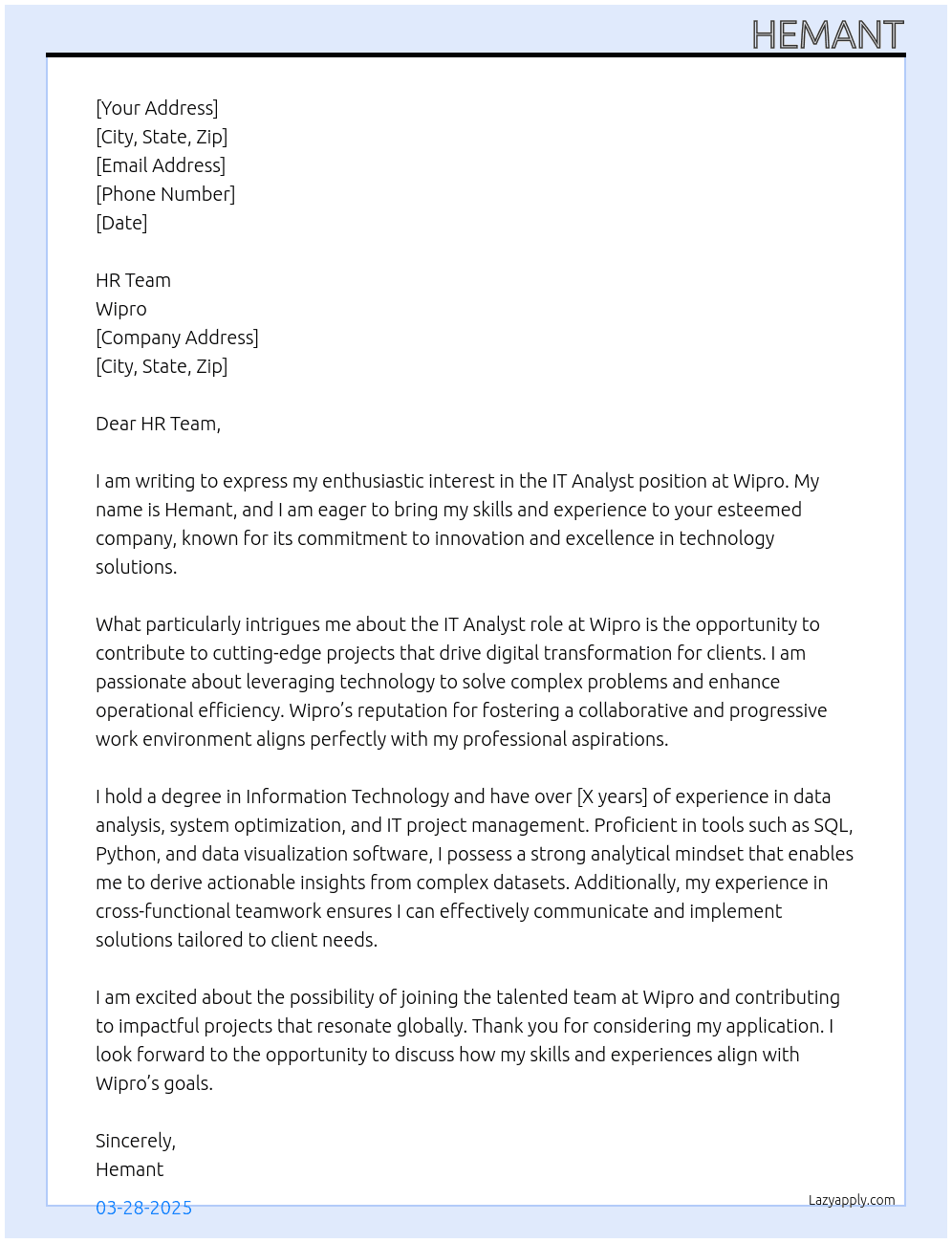 Cover letter for it annalyst - LazyApply