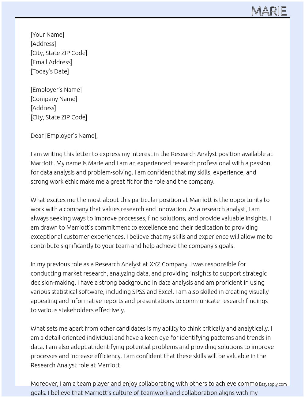 Research Analyst  At Marriott Cover Letter