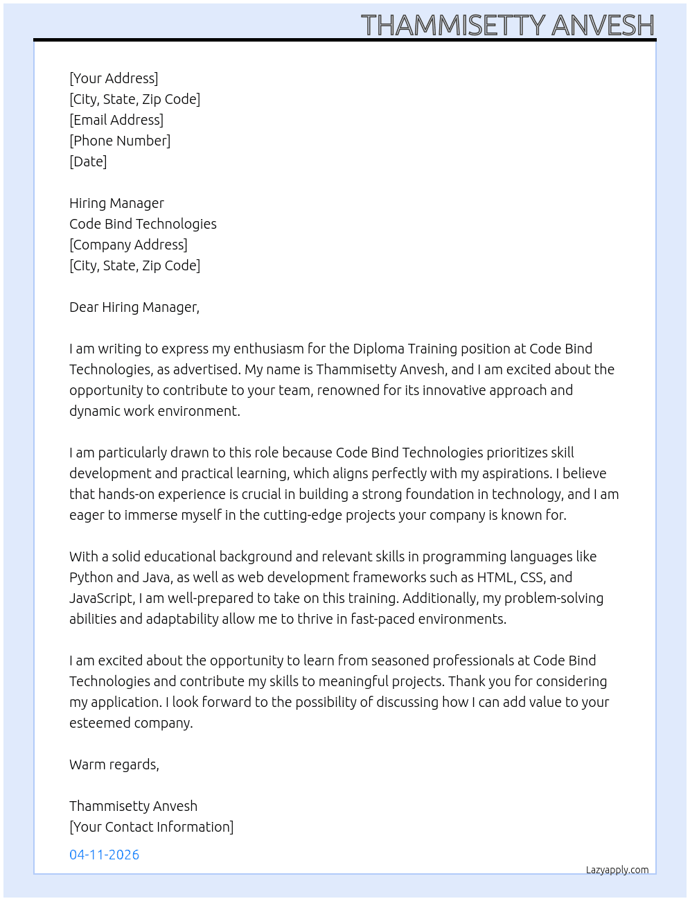 diplomo training   At code bind technoligies Cover Letter