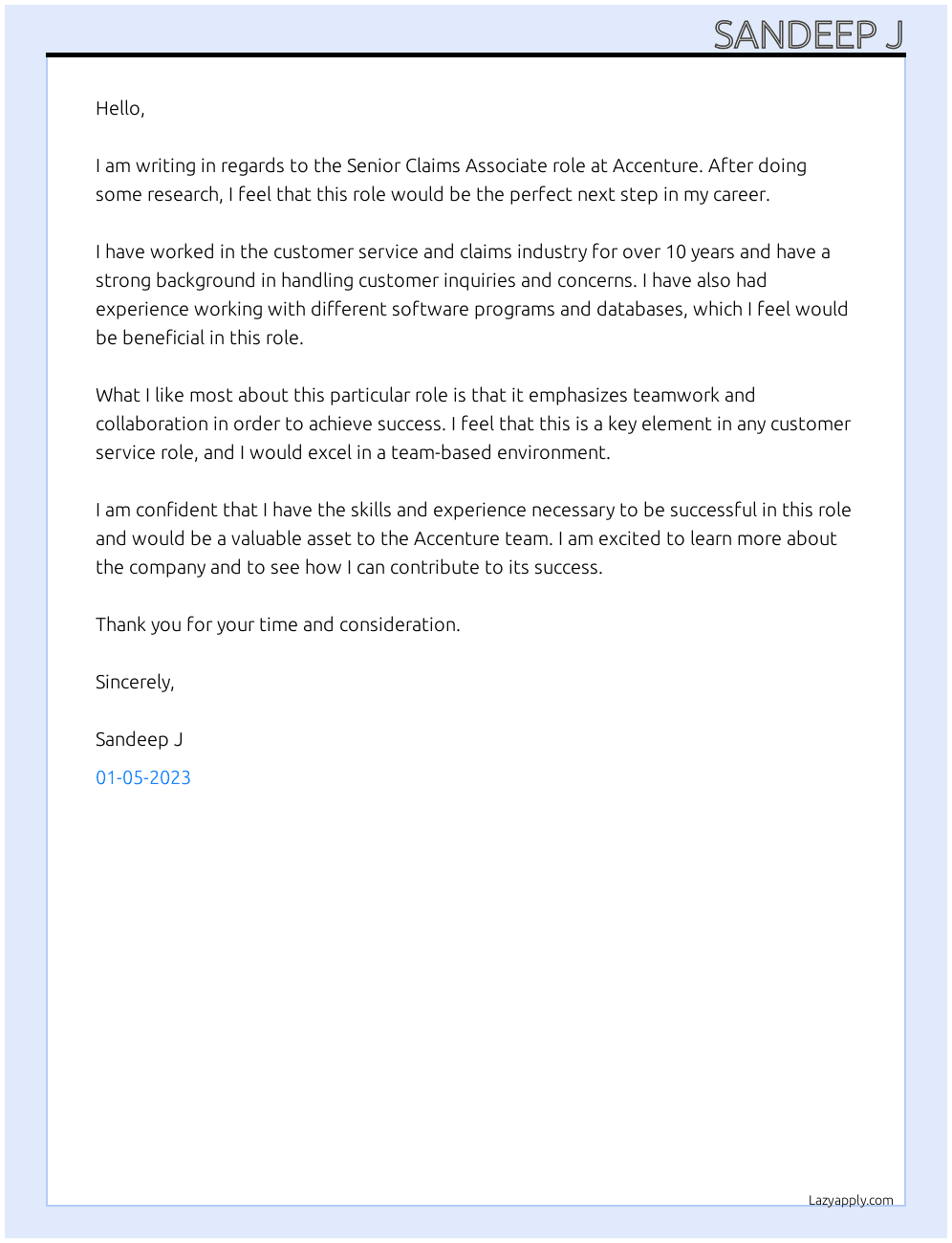 Cover letter for senior claims associate - LazyApply