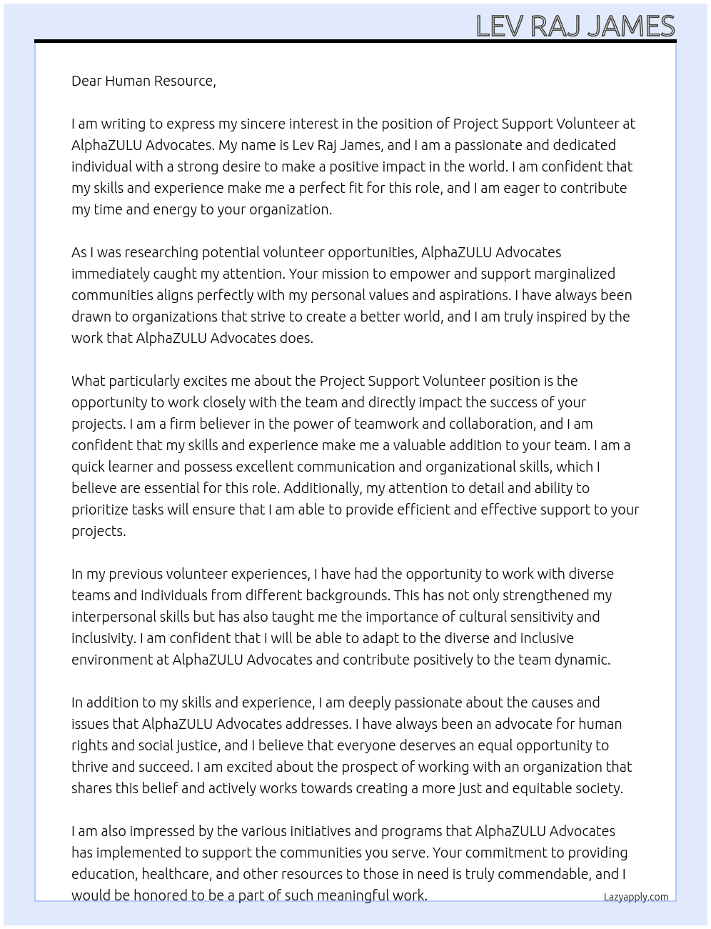 Project Support Volunteer At AlphaZULU Advocates Cover Letter