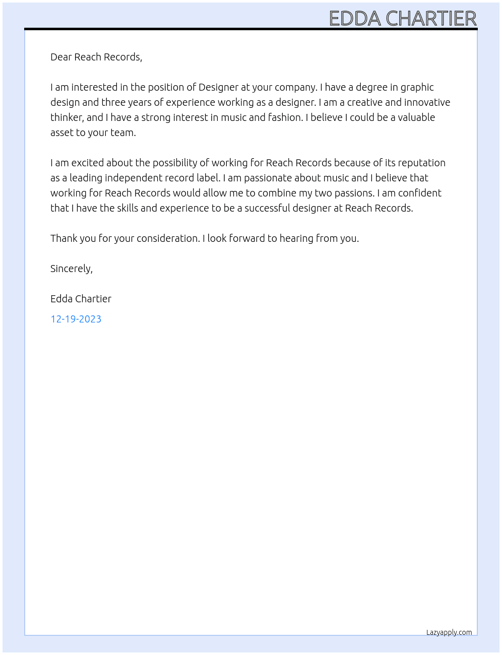 Designer At Reach Records Cover Letter