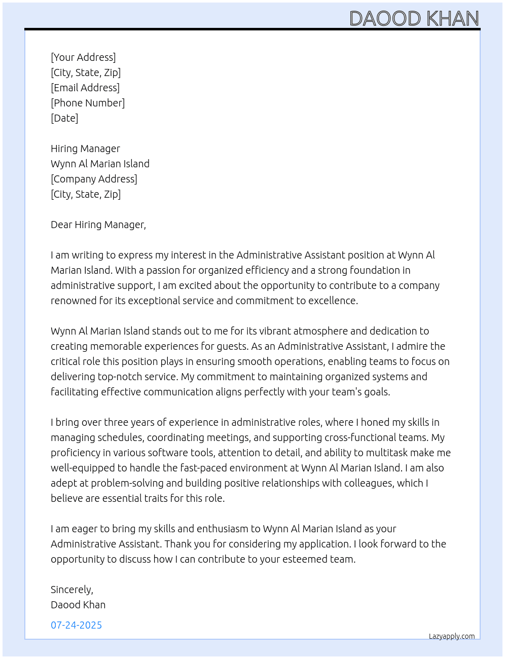 Administrative Assistant  At Wynn Al Marian Island  Cover Letter