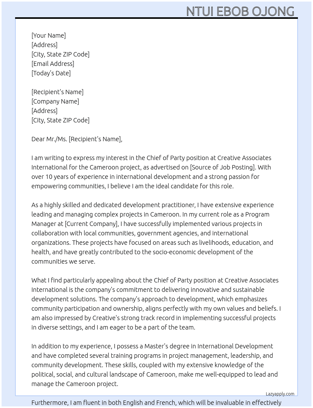 Chief of Party - Cameroon At Creative Associates International Cover Letter