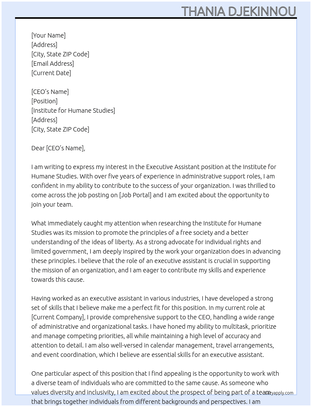 executive assistant At Institute for Humane Studies Cover Letter